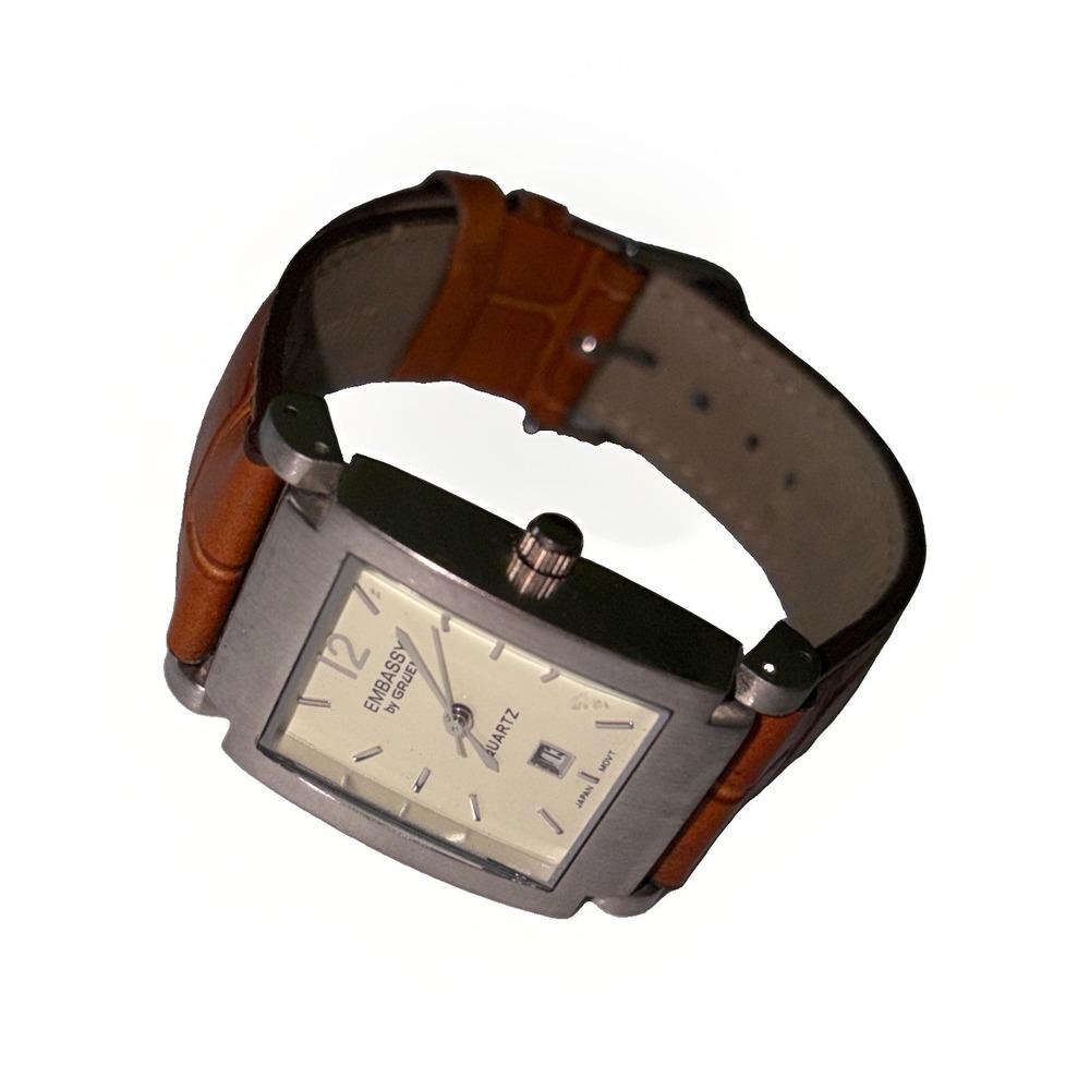 Embassy by Gruen Watch Rectangular Date Brown Leather Band Tank Style